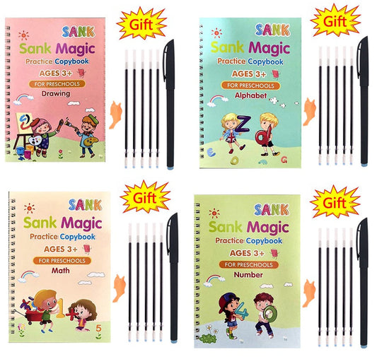 Pack Of 4 Pcs With 10 Refill Copybooks Pen Magic Copy Book Free Wiping Children’s Kid Writing Sticker Practice Copybook For Calligraphy